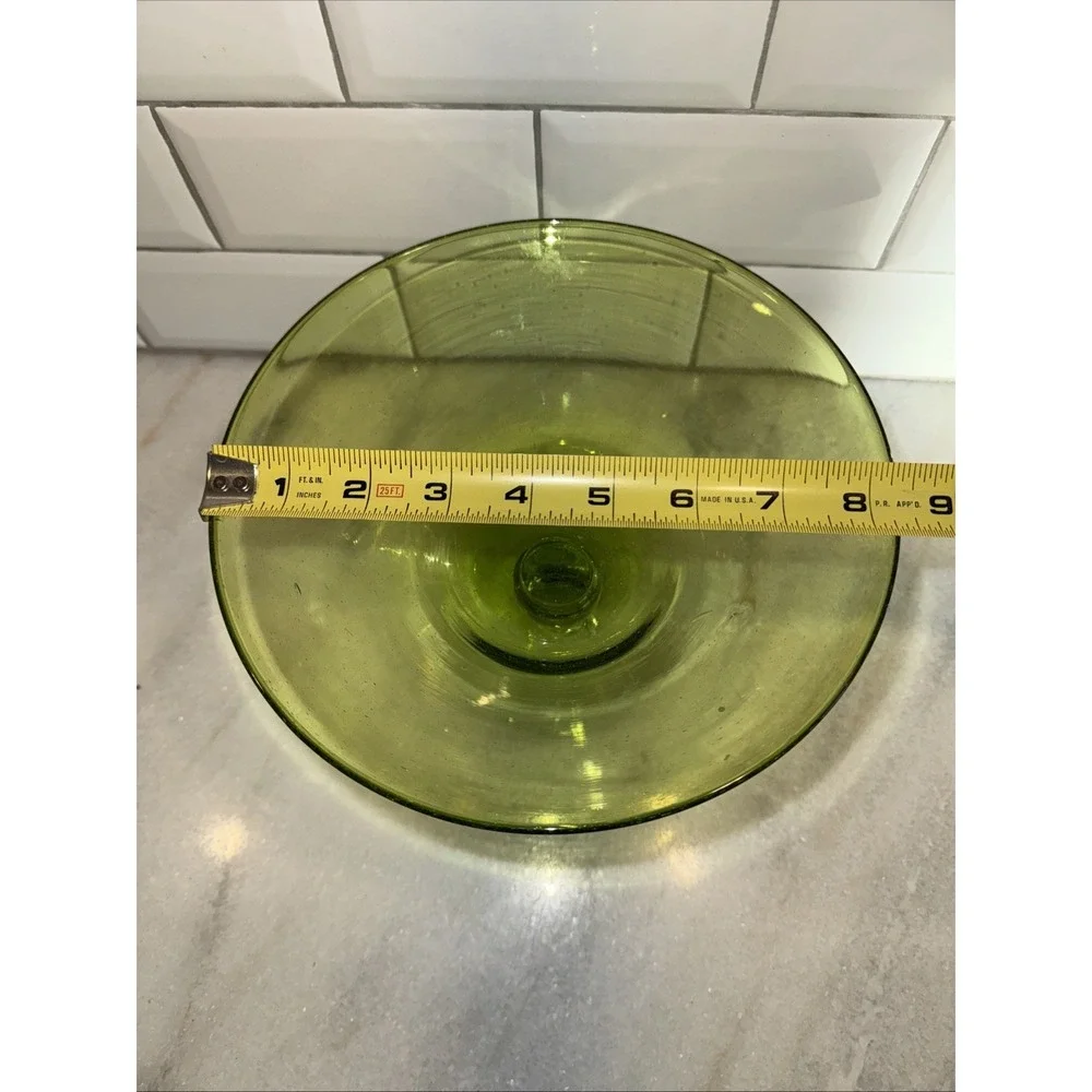 VINTAGE HANDBLOWN Green Glass with clear Footed‎ Base Serving BowlGW993